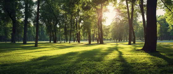 Obraz premium Beautiful panoramic landscape of park with trees and green grass field in autumn sunny morning.