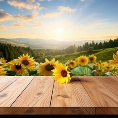 empty wooden table in modern style for product presentation with a blurred sunflower field in the background