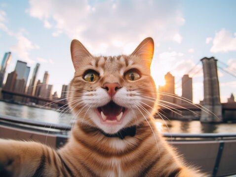 A cute and happy cat smiles while taking a selfie in front of New York City silhouette