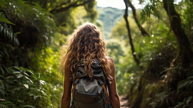 Female hiker, full body, view from behind, walking through a dense forest