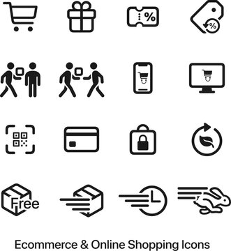 icons set for e-commerce and online shopping business in black outline design vector. ecommerce ui icons for web and desktop. shipping icon logos 