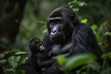 Mother gorilla with baby in Bwindi Impenetrable Forest, Uganda. Generative AI