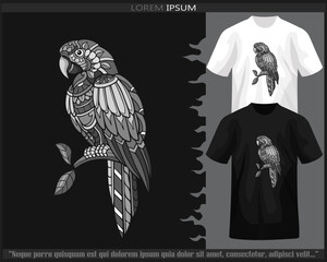 Monochrome Macaw bird mandala arts isolated on black and white t shirt.