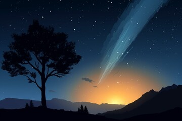 A meteor streaks through the night sky. Illustration. Generative AI