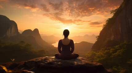 Silhouette of woman meditating in lotus sit position. Yoga in the morning. Mindfulness in nature.