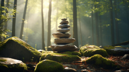 Stacked zen stones meditation and concentration. Wallpaper background with copy-space. - obrazy, fototapety, plakaty