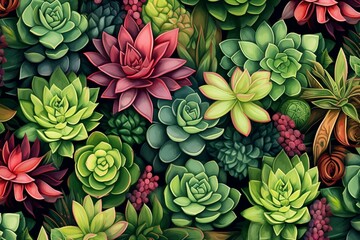 A seamless tropical pattern featuring succulents, leaves, and a botanical background. Generative AI