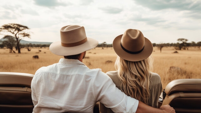male and woman couple with hats on vacation, Jeep safari ride to discover the wildlife animals, exploring the savanna