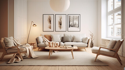 Fototapeta na wymiar Scandinavian interior style: Natural Materials, Simple Furniture, Cozy Textiles, Natural Lights, Green Plants, Decorative Details, Warm Lighting.Generative AI