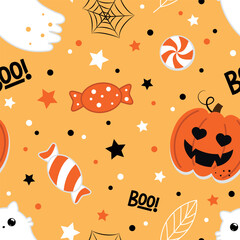 Halloween seamless pattern. Vector illustration of cute ghost cats, pumpkins and candies on an orange background. Vector cartoon seamless pattern.