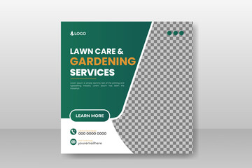 Organic food farming or lawn care and garden service social media post design template for multipurpose use with green gradient and yellow color or modern shape on white background