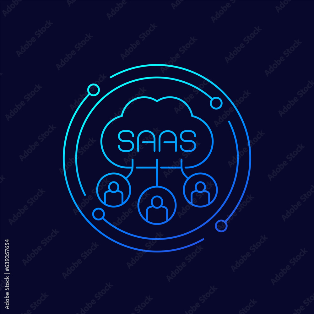 Poster saas users icon, software as a service linear design
