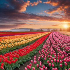 Field of tulips in spring. Generative AI.