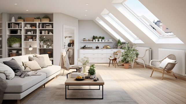 Scandinavian interior style: Natural Materials, Simple Furniture, Cozy Textiles, Natural Lights, Green Plants, Decorative Details, Warm Lighting.

Generative AI