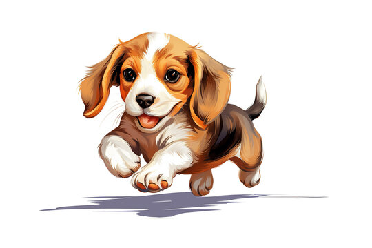 Cute Beagle puppy dog running illustration vector isolated on white background in minimal graphic art style. Very cute friendly dog. Digital illustration generative AI.