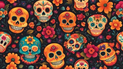 Naadloos Behang Airtex Schedel Day of the Dead, remembering the departed, charming festivity full of color background