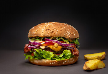 Hamburger on black background