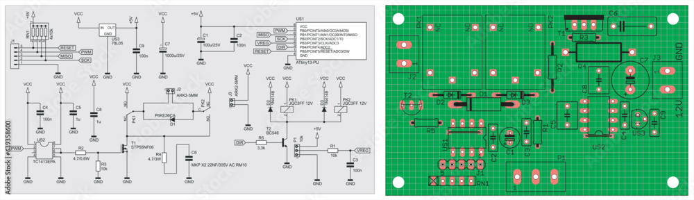 Wall mural vector drawing of the electrical schematic diagram and a printed circuit board of an electronic devi
