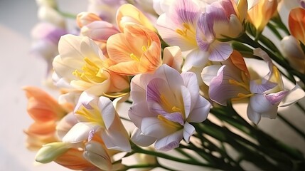 Fototapeta na wymiar Bouquet of multicolored freesia flowers close up