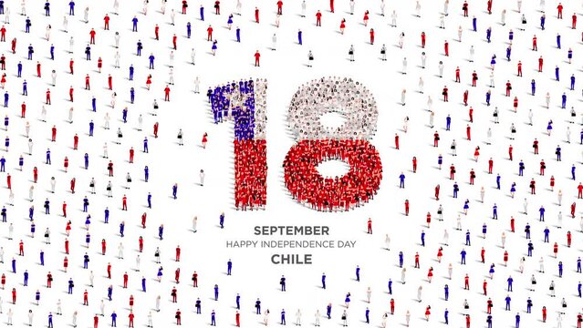 Happy Independence Day Chile. A large group of people form to create the number 18 as Chile celebrates its Independence Day on the 18th of September. 4K Animation Video.