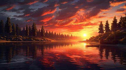 Fototapeta na wymiar Beautiful sunset on the lake. Colorful sky with clouds.