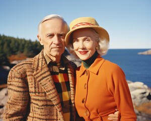 A man and woman stand in autumnal fashion, beautiful in their outdoor portrait, wearing clothing with smiles and hats, as nature and a lake provide a scenic backdrop