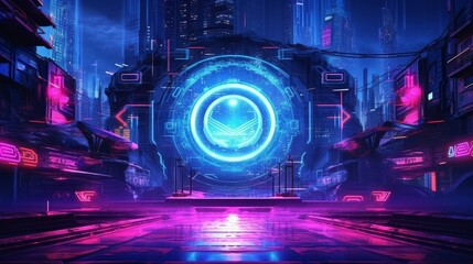 Fototapeta na wymiar Cyberpunk Neon Background with Hi-Tech Symbols. AI generated