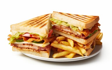 Club sandwiches with fries isolated on white background