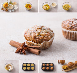 Cooking healthy muffins with oatmeal and nuts, collage, do it yourself, step by step, ingredients, cooking steps, final dish on a light beige stone table