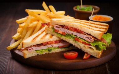 Club sandwiches with french fries on wooden table background - Powered by Adobe