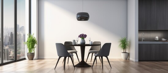 Fototapeta premium Modern dining room with white walls dark wooden floor round table gray chairs black and white kitchen and blurred cityscape through window ing