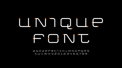 Technical wide thin future font, digital cyber alphabet, trendy original letters from A to Z and numbers from 0 to 9 for interface design, vector illustration 10EPS