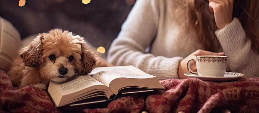 A Woman Lounging On A Cozy Bed With Her Adorable Dog Enjoying Gingerbread Cookies A Book And A Warm Beverage