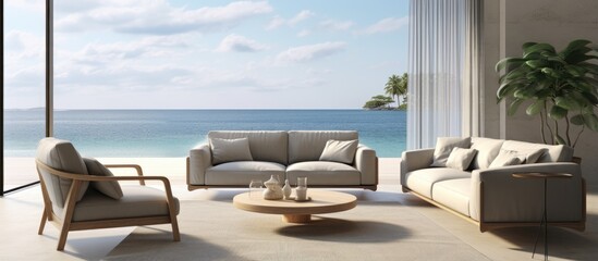 Black leather sofa set with sea view in a modern living room