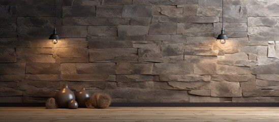 Decorative background for modern office with wooden floor and empty stone wall