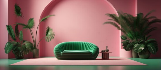 a stylish room with a green wall arch and a pink sofa armchair