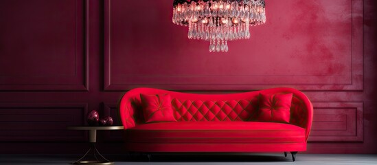 Minimalist interior with a red sofa table stand lamp and luxury chandelier