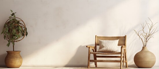a bohemian style interior featuring wooden furniture and a white wall backdrop