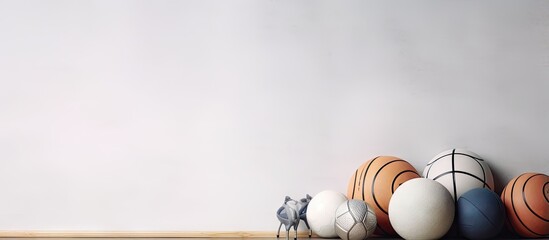 Various athletic gear and exercise balls beside illuminated wall