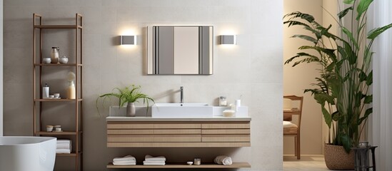 Residential building bathroom with dressing table sink towel and wall shelves with decor