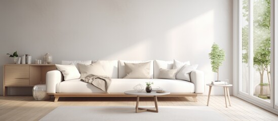 Scandinavian interior design depicted in a illustration with a white sofa in the living room