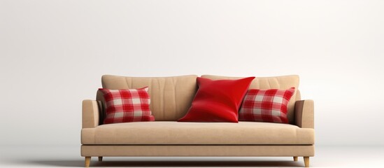 ed isolated beige sofa with red pillow in front view
