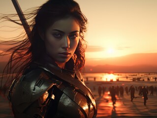 Woman warrior silhouette with samurai sword at fiery sunset in Asian style AI