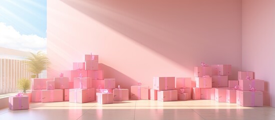delivery concept with barcoded cardboxes on concrete floor in sunny empty room with pink wall
