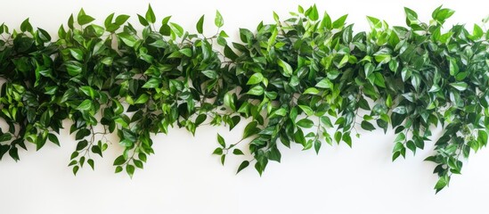 Decorative green leaves on a white wall background