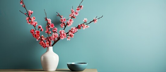 Living room with vase and blooming branches displayed inside