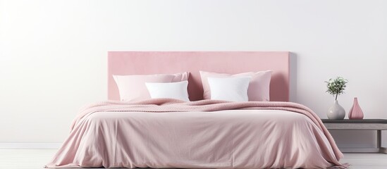 Side view of pink pillows and blanket on a traditional bed