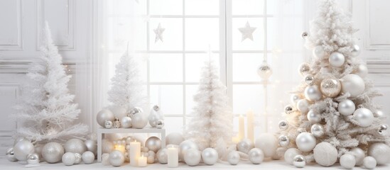 Cold and beautiful Christmas store decoration showcasing a small white room adorned with white and glass ornaments on a white Christmas tree