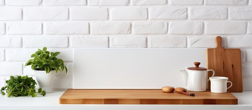 Selective placement of kitchen tools olive cutting board on white brick wall shelf