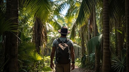 Male hiker, full body, view from behind, walking through a forest of palm trees